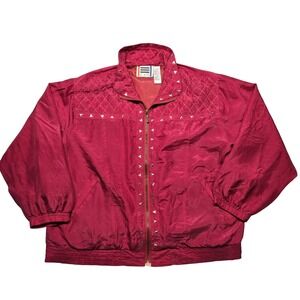 EVR Jacket Womens Medium Burgundy Silk Studded Quilted Bomber‎ Zip Vintage Style